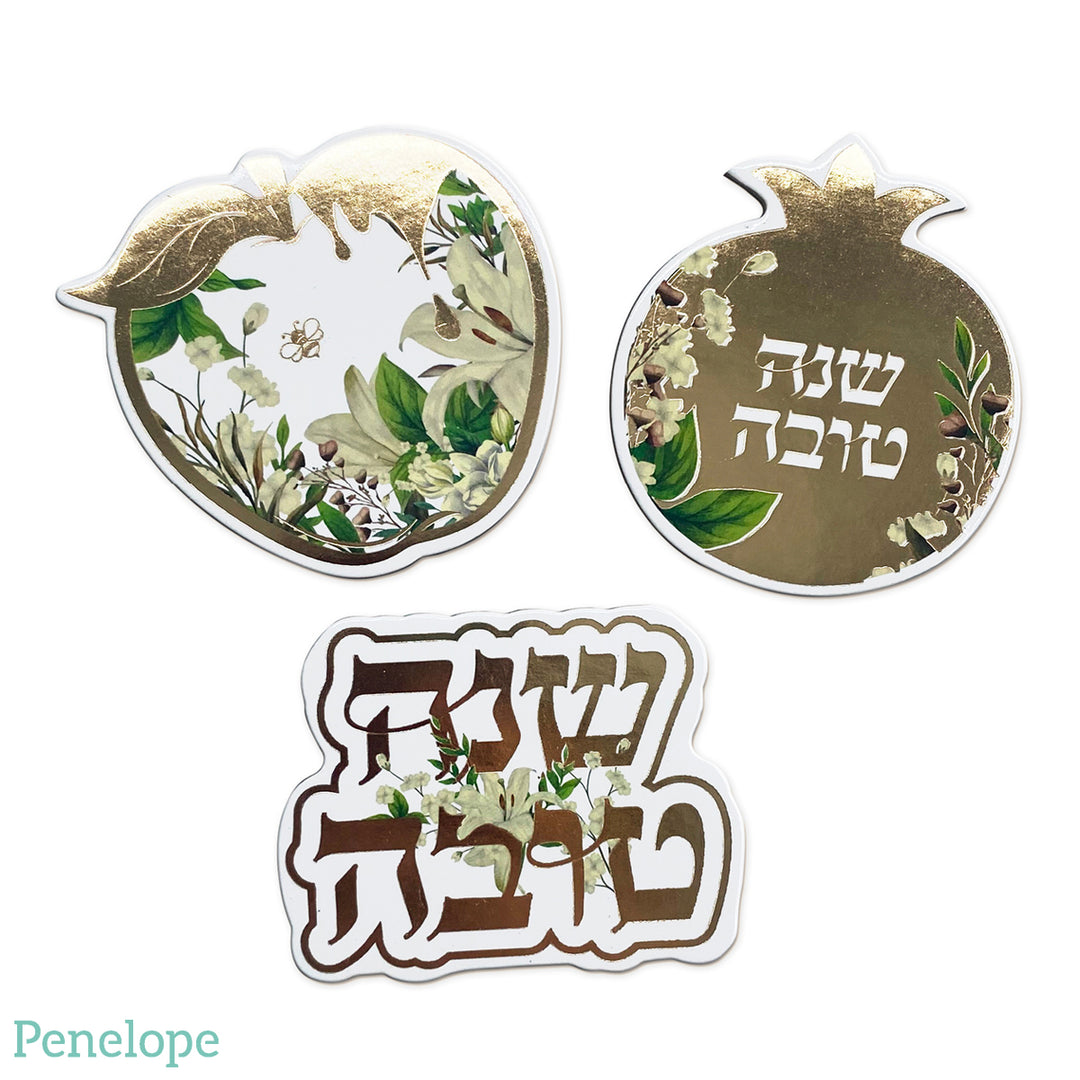 קישוטי שולחן שנה טובה פרחוני וזהב - 12 יחידות