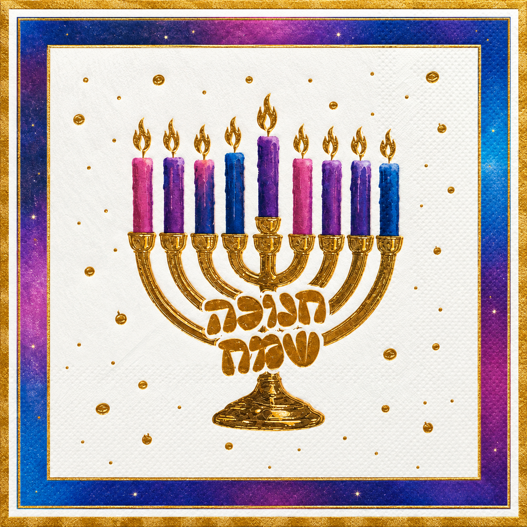 מפיות טישו דו שכבתיות לבנות עם נקודות זהב, מסגרות צבעוניות וחנוכיית זהב עם נרות צבעוניים והכיתוב חנוכה שמח מקולקציית אור הכוכבים