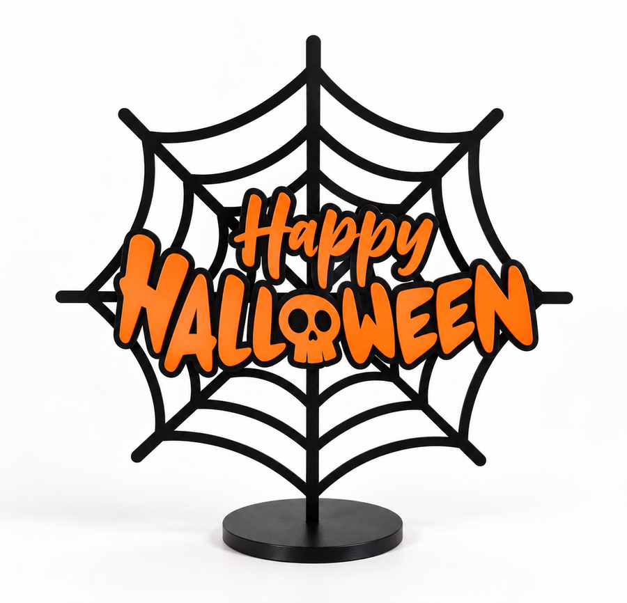 טופר אקריל Happy Halloween בצבע כתום על רקע קורי עכביש שחורים לקישוט עוגות ושולחן ליל כל הקדושים