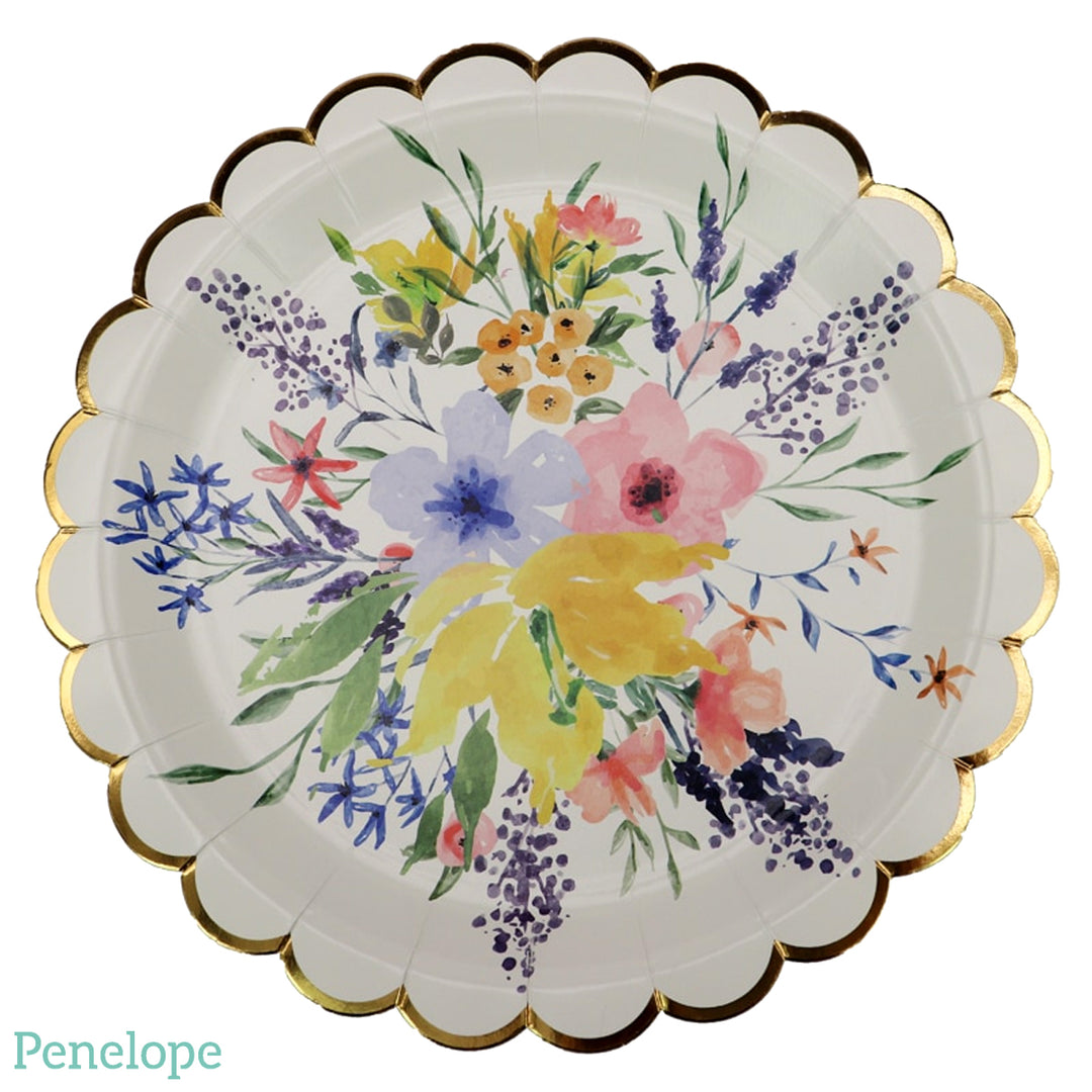 צלחות נייר גדולות פרחים וזהב - 8 יחידות